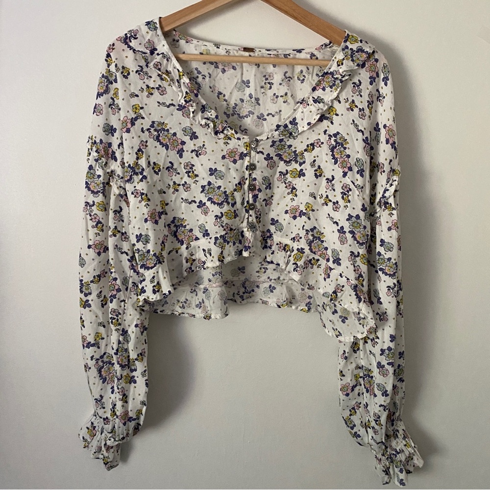 Free People Secret Garden Floral Ruffle Cropped Top Long Sleeve Blouse Lavender - Picture 13 of 13